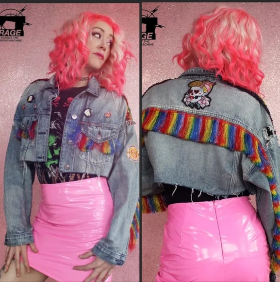 Pretty in Pride- Custom RAGE rainbow cropped denim jacket! PRICE FIRM! - Picture 11 of 15